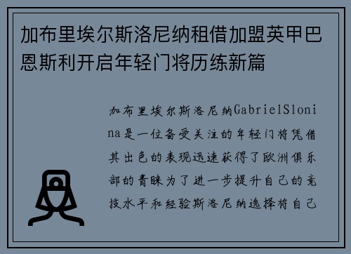 加布里埃尔斯洛尼纳租借加盟英甲巴恩斯利开启年轻门将历练新篇 加布里埃尔斯洛尼纳租借加盟英甲巴恩斯利开启年轻门将历练新篇
